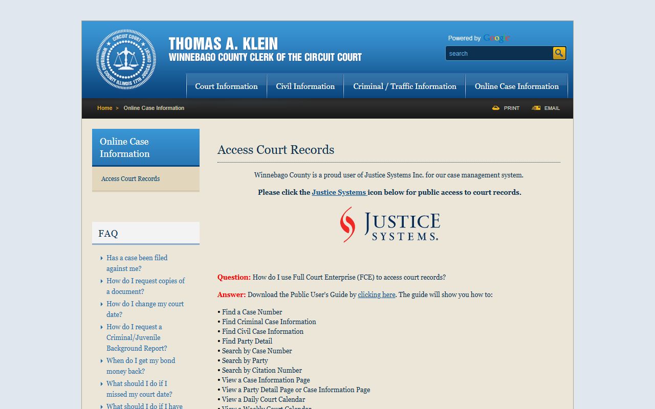 Winnebago County court records access page from the Circuit Clerk