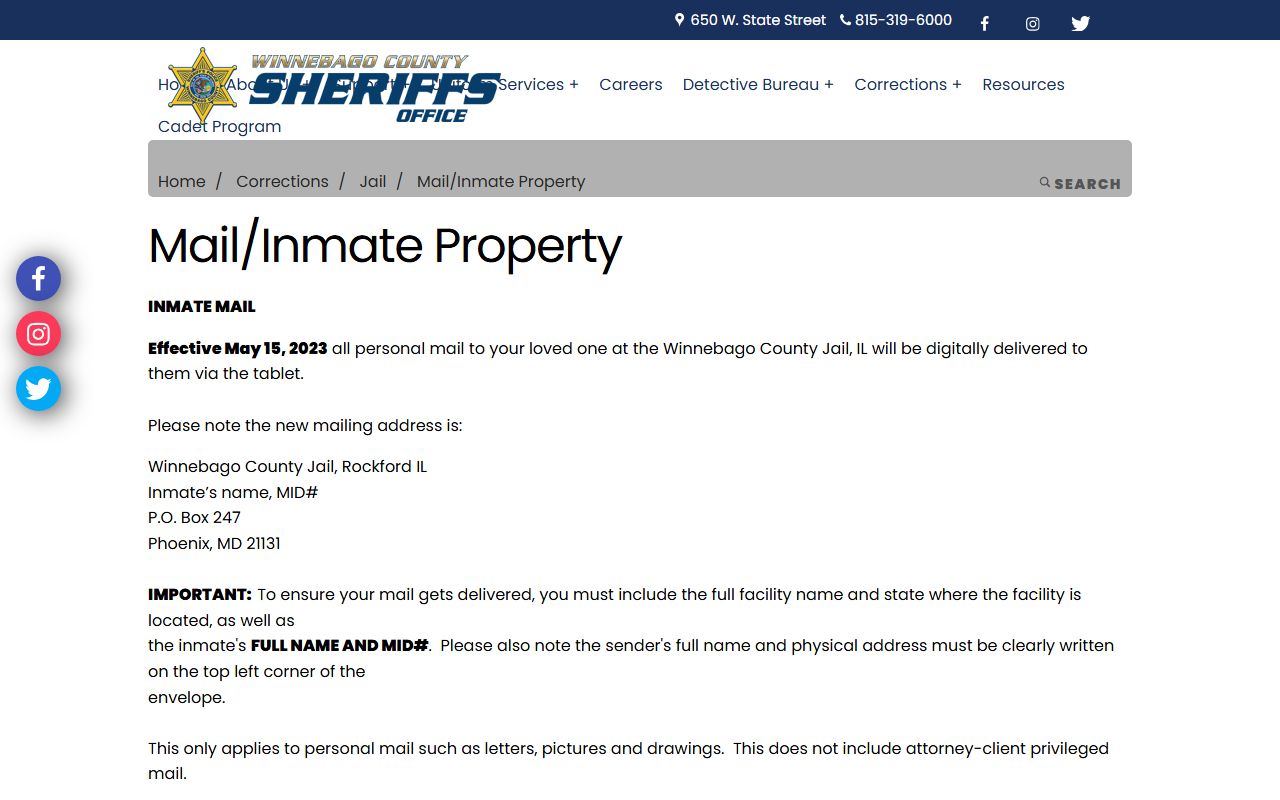 Winnebago County Jail mail and property rules for inmate records