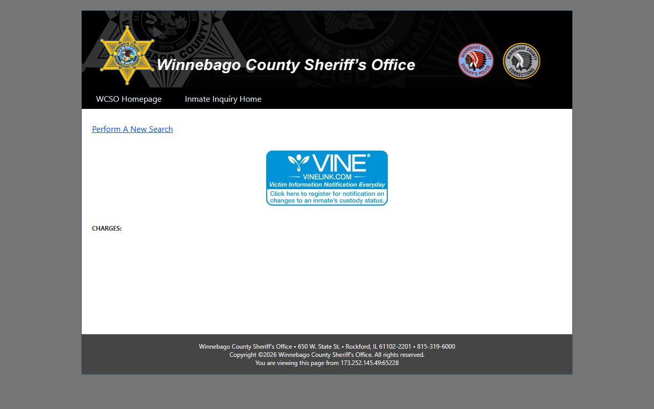 Winnebago County inmate records detail page shell with VINE and charges area