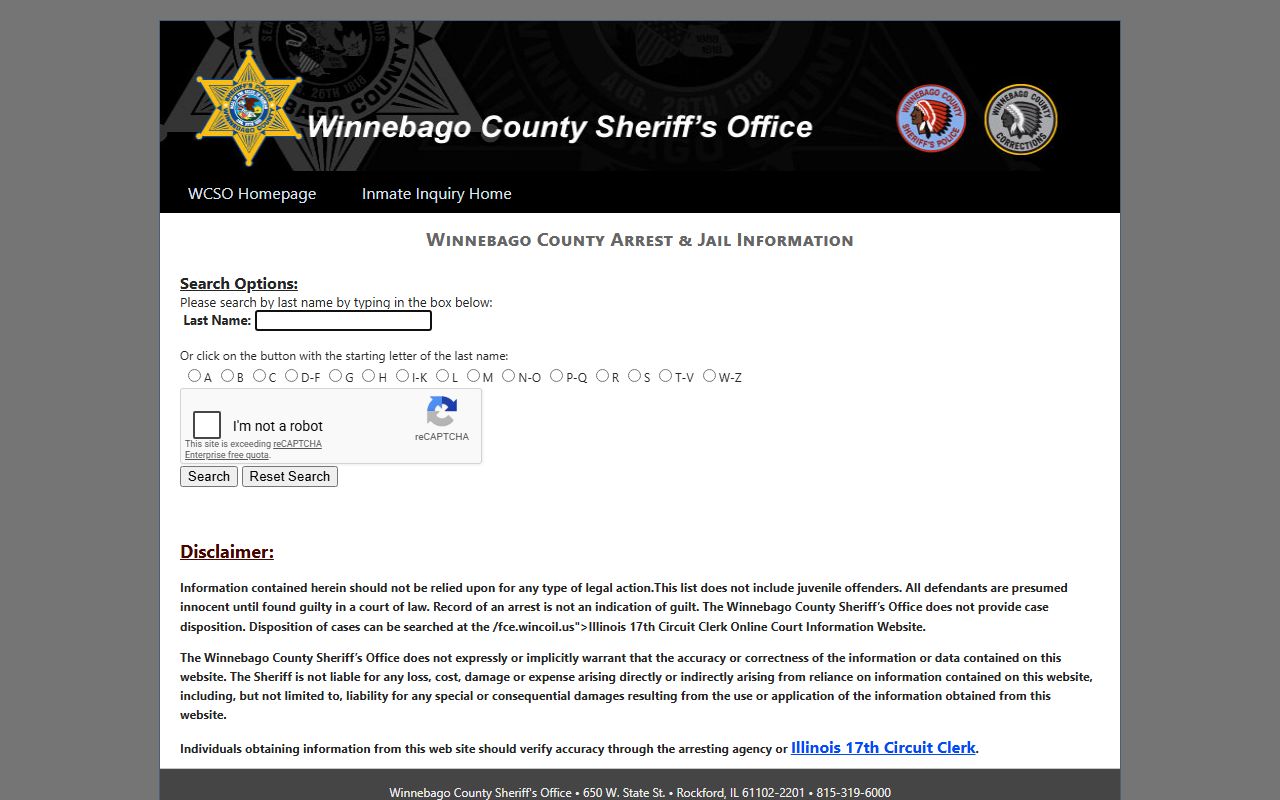 Winnebago County inmate search roster form with last name and alphabet filters