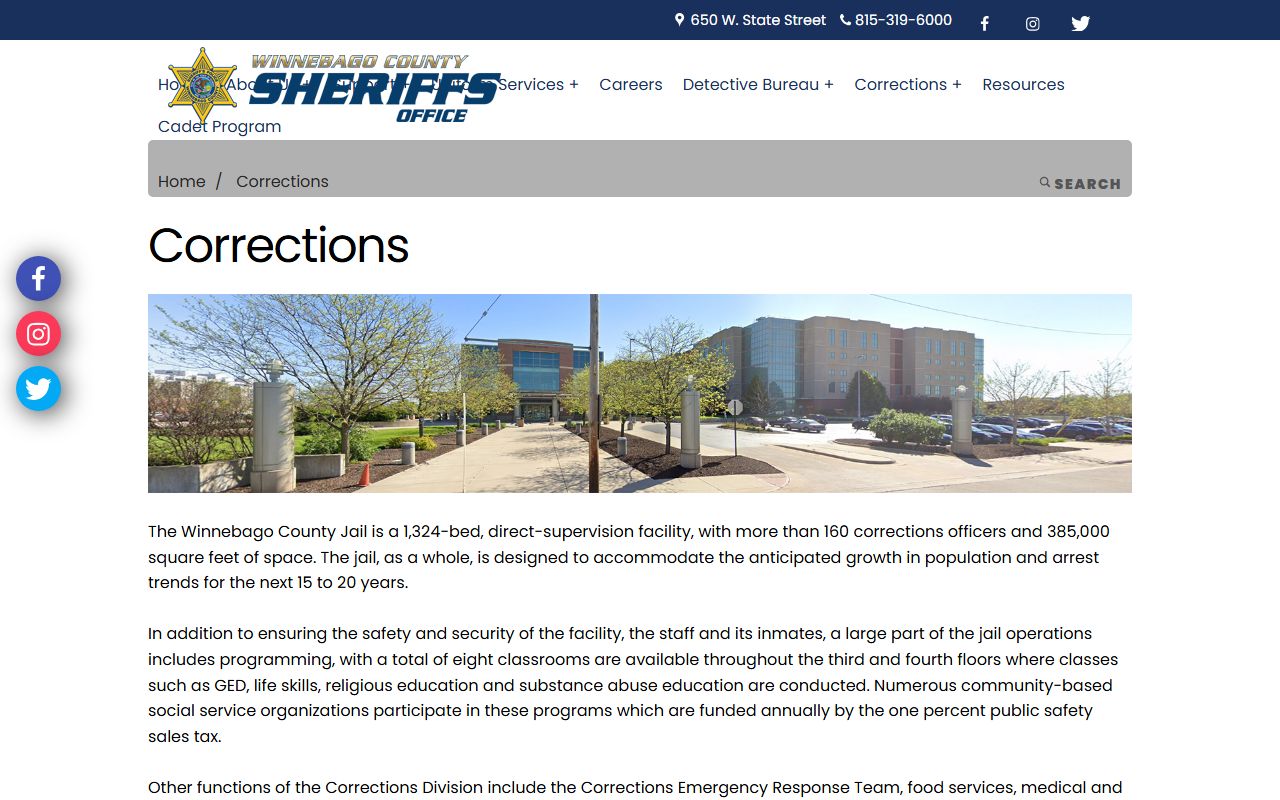 Winnebago County inmate population corrections page and jail capacity details