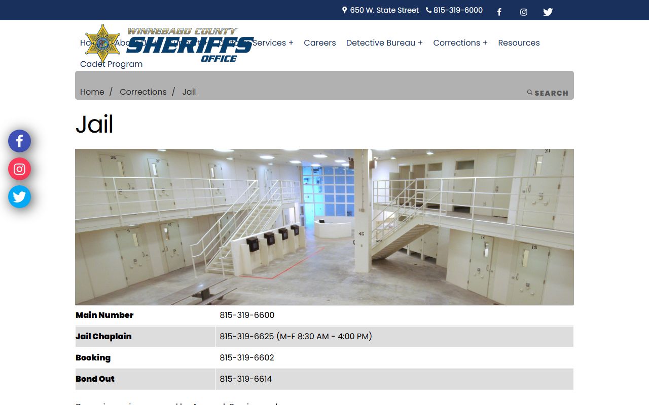 Winnebago County Jail FAQ page with phone and visitation information