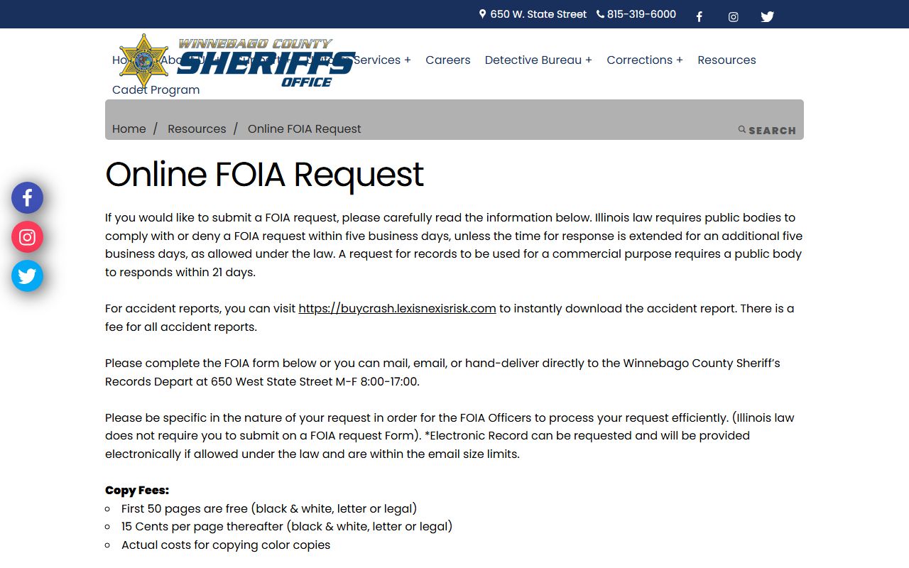 Winnebago County jail mugshots FOIA request form for booking photos